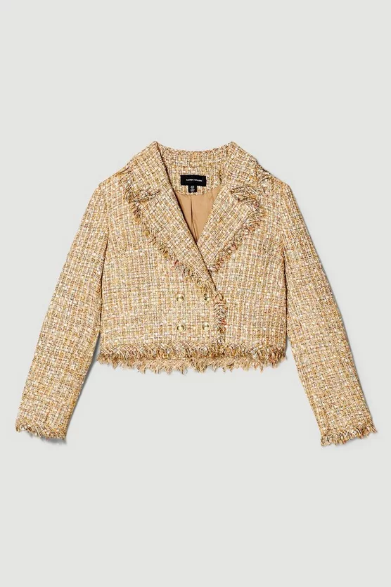 Hot Sale 🤩 Karen Millen Gold Boucle Cropped Frayed Edge Jacket ⭐ 6 Hot Sale 🤩 Karen Millen Gold Boucle Cropped Frayed Edge Jacket ⭐ - Image 4