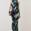 Flash Sale 🎁 Karen Millen Tall Marble Viscose Satin High Neck Maxi 👗 Dress - multi 🔥 -Karen Millen Outlet store bkk07139 multi xl