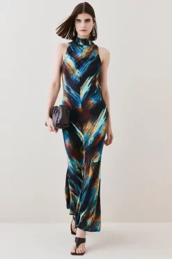 Flash Sale 🎁 Karen Millen Tall Marble Viscose Satin High Neck Maxi 👗 Dress - multi 🔥