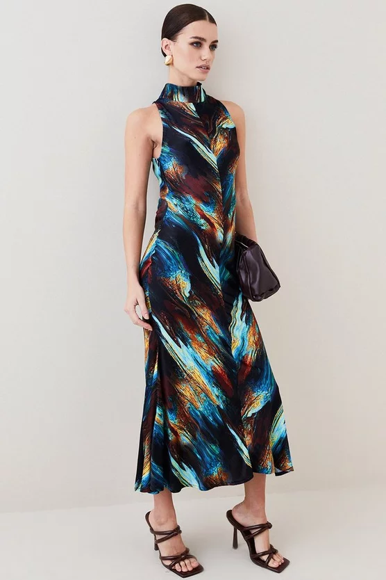 Outlet 👏 Karen Millen Petite Marble Viscose Satin High Neck Maxi 👗 Dress - multi 🤩 3 Outlet 👏 Karen Millen Petite Marble Viscose Satin High Neck Maxi 👗 Dress - multi 🤩