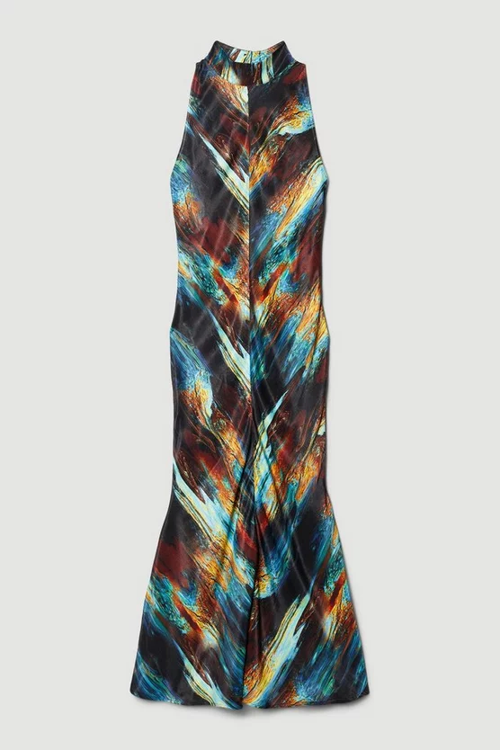 Outlet 👏 Karen Millen Petite Marble Viscose Satin High Neck Maxi 👗 Dress - multi 🤩 6 Outlet 👏 Karen Millen Petite Marble Viscose Satin High Neck Maxi 👗 Dress - multi 🤩 - Image 4