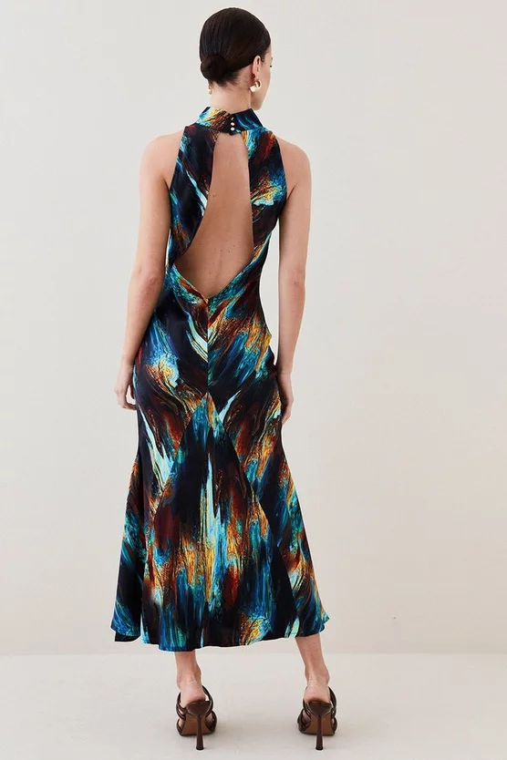 Outlet 👏 Karen Millen Petite Marble Viscose Satin High Neck Maxi 👗 Dress - multi 🤩 8 Outlet 👏 Karen Millen Petite Marble Viscose Satin High Neck Maxi 👗 Dress - multi 🤩 - Image 6