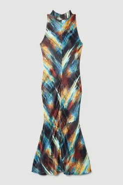 Promo ⌛ Karen Millen Marble Viscose Satin High Neck Maxi 👗 Dress - multi 😉 -Karen Millen Outlet store bkk07155 multi xl 3