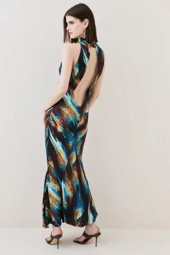 Promo ⌛ Karen Millen Marble Viscose Satin High Neck Maxi 👗 Dress - multi 😉 -Karen Millen Outlet store bkk07155 multi xl 5