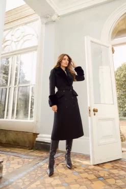 Best Pirce 🔥 Karen Millen Lydia Millen Belted Sheepskin & Italian Virgin Wool 🧥 Coat - black 🎉