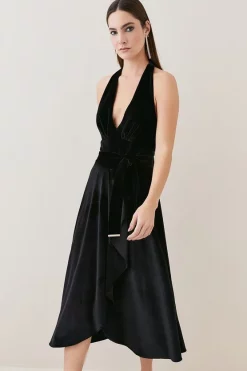 Budget โ Karen Millen Slinky Velvet Waterfall Belted Midi ๐ Dress - black ๐