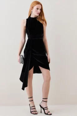 Outlet 🌟 Karen Millen Slinky Velvet Halter Drape Detail Mini 👗 Dress - black 🛒