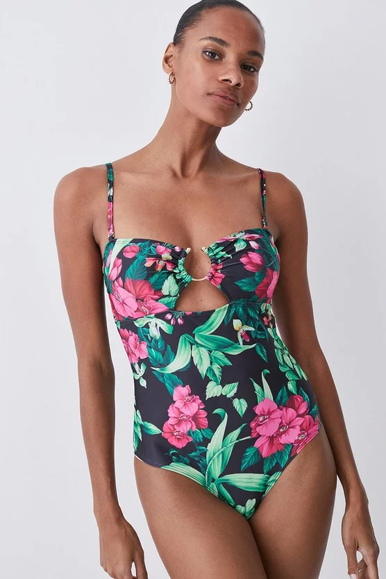 Hot Sale ✔️ Karen Millen Tropical Print Gold Trim Cut Out 🩱 Swimsuit - multi ✔️ 3 Hot Sale ✔️ Karen Millen Tropical Print Gold Trim Cut Out 🩱 Swimsuit - multi ✔️