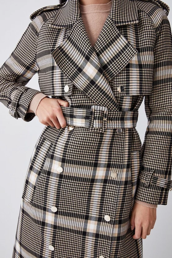 New ✔️ Karen Millen Italian Classic Check Trench 🧥 Coat - natural ⭐ 4 New ✔️ Karen Millen Italian Classic Check Trench 🧥 Coat - natural ⭐ - Image 2