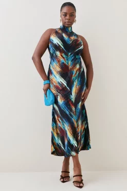 Discount ๐ Karen Millen Plus Size Marble Viscose Satin High Neck Maxi ๐ Dress - multi ๐ฏ