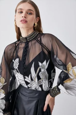 Flash Sale ⌛ Karen Millen Organdie Applique Buttoned Woven Blouse - black 🔥