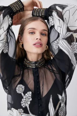 Flash Sale ⌛ Karen Millen Organdie Applique Buttoned Woven Blouse - black 🔥 -Karen Millen Outlet store bkk07294 black xl 4