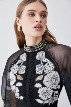 Flash Sale ⌛ Karen Millen Organdie Applique Buttoned Woven Blouse - black 🔥 -Karen Millen Outlet store bkk07294 black xl 6