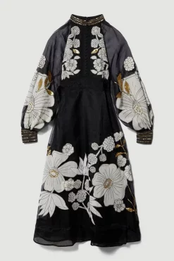 Cheap 👍 Karen Millen Organdie Applique Buttoned Woven Midi 👗 Dress - black 🥰 -Karen Millen Outlet store bkk07295 black xl 3