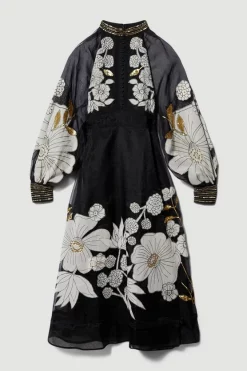 Cheap ✔️ Karen Millen Petite Organdie Applique Buttoned Woven Midi 👗 Dress - black 🤩 -Karen Millen Outlet store bkk07319 black xl 3