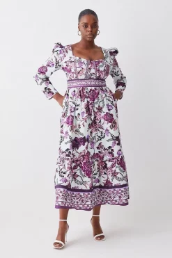 Budget ๐ Karen Millen Plus Lydia Millen Border Cotton Sateen Woven Midi ๐ Dress - floral ๐