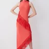 Deals 🧨 Karen Millen Fringe Hem Asymmetric Knit Midi 👗 Dress - red 💯