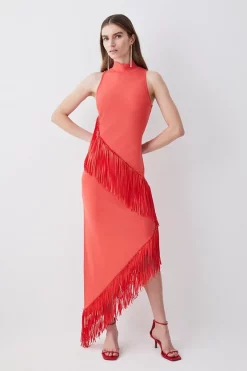 Deals 🧨 Karen Millen Fringe Hem Asymmetric Knit Midi 👗 Dress - red 💯