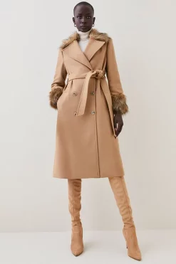 Deals โ๏ธ Karen Millen Italian Virgin Wool Faux Fur Collar And Cuff Belted Wrap ๐งฅ Coat - camel ๐ฅฐ