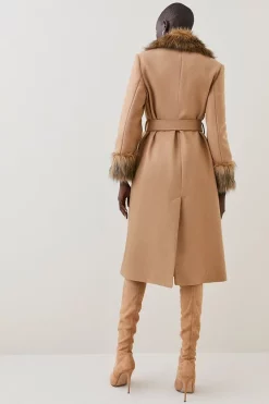 Deals ✔️ Karen Millen Italian Virgin Wool Faux Fur Collar And Cuff Belted Wrap 🧥 Coat - camel 🥰 -Karen Millen Outlet store bkk07363 camel xl 2