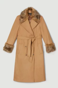 Deals ✔️ Karen Millen Italian Virgin Wool Faux Fur Collar And Cuff Belted Wrap 🧥 Coat - camel 🥰 -Karen Millen Outlet store bkk07363 camel xl 3