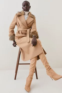 Deals ✔️ Karen Millen Italian Virgin Wool Faux Fur Collar And Cuff Belted Wrap 🧥 Coat - camel 🥰 -Karen Millen Outlet store bkk07363 camel xl 4