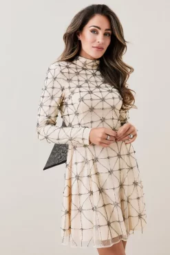 Promo 👏 Karen Millen Lydia Millen Embellished Tie Neck Detail Woven Mini 👗 Dress - ivory 🥰