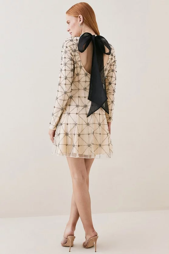 Promo 👏 Karen Millen Lydia Millen Embellished Tie Neck Detail Woven Mini 👗 Dress - ivory 🥰 5 Promo 👏 Karen Millen Lydia Millen Embellished Tie Neck Detail Woven Mini 👗 Dress - ivory 🥰 - Image 4