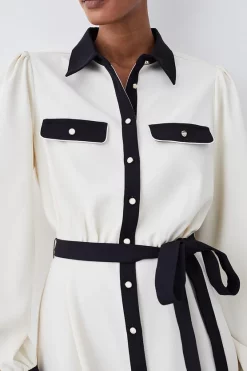 Best deal ✔️ Karen Millen Contrast Twill Trimmed Midi 👚 Shirt 👗 Dress - ivory 🥰 -Karen Millen Outlet store bkk07413 ivory xl 6