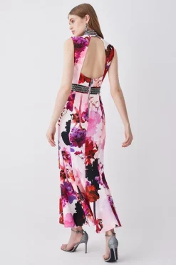 Wholesale ✔️ Karen Millen Diamante Trim Floral Woven Maxi 👗 Dress - pink 😀 -Karen Millen Outlet store bkk07435 pink xl 2
