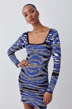 Top 10 ✔️ Karen Millen Abstract Jacquard Knitted Mini 👗 Dress - cobalt ⭐