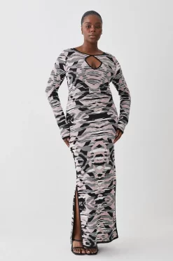 New ๐ฅ Karen Millen Plus Size Abstract Jacquard Knitted Maxi Column ๐ Dress - blush ๐