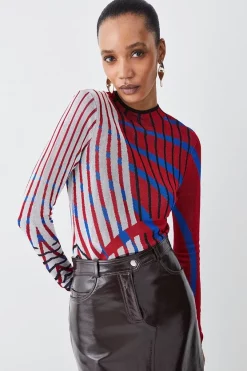 Buy 🎁 Karen Millen Slinky Crew Neck Jacquard Abstract Knit Top - red 👍
