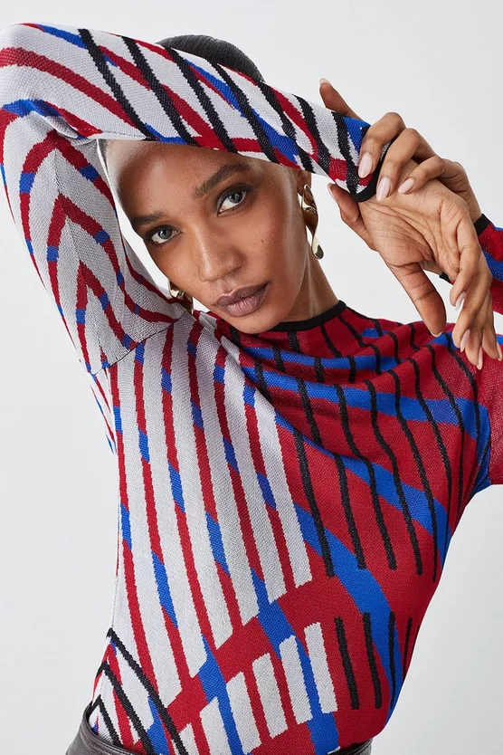 Buy ๐ Karen Millen Slinky Crew Neck Jacquard Abstract Knit Top - red ๐ 4 Buy ๐ Karen Millen Slinky Crew Neck Jacquard Abstract Knit Top - red ๐ - Image 2