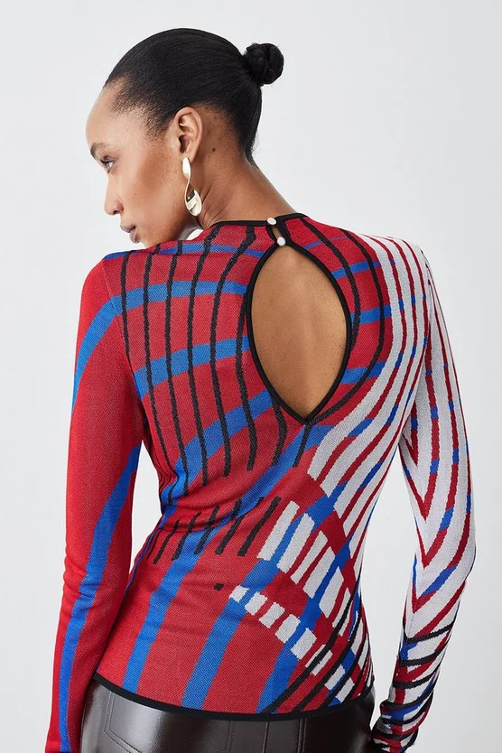 Buy ๐ Karen Millen Slinky Crew Neck Jacquard Abstract Knit Top - red ๐ 5 Buy ๐ Karen Millen Slinky Crew Neck Jacquard Abstract Knit Top - red ๐ - Image 3