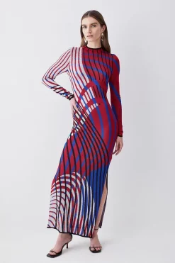 Flash Sale ๐ Karen Millen Slinky Jacquard Abstract Knit Maxi Column ๐ Dress - red ๐ฅ