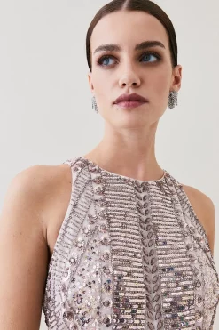 Budget 🎁 Karen Millen Petite Embellished Halter Fringed Mini 👗 Dress - blush ⭐ -Karen Millen Outlet store bkk07530 blush xl 2