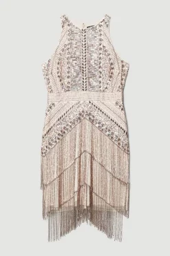 Budget 🎁 Karen Millen Petite Embellished Halter Fringed Mini 👗 Dress - blush ⭐ -Karen Millen Outlet store bkk07530 blush xl 3