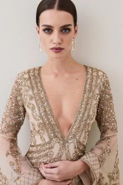 Wholesale 😍 Karen Millen Petite Embellished Kimono Sleeve Beaded Maxi 👗 Dress - gold 💯 -Karen Millen Outlet store bkk07533 gold xl 2