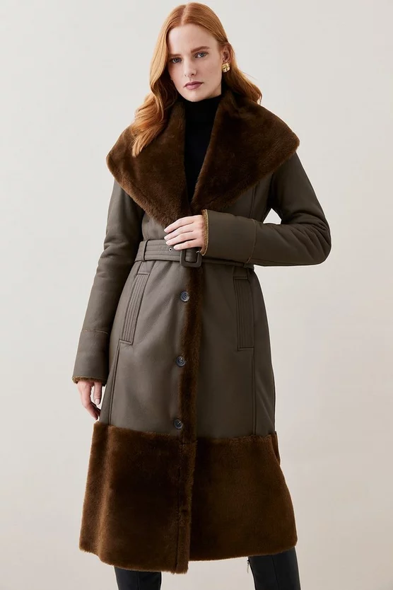 New ❤️ Karen Millen Lydia Millen Shearling And Leather Shawl Collar Belted 🧥 Coat - dark olive 🔥 4 New ❤️ Karen Millen Lydia Millen Shearling And Leather Shawl Collar Belted 🧥 Coat - dark olive 🔥 - Image 2