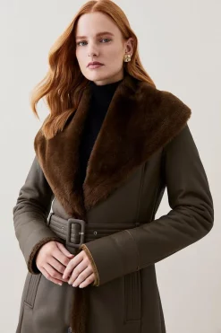 New ❤️ Karen Millen Lydia Millen Shearling And Leather Shawl Collar Belted 🧥 Coat - dark olive 🔥 10 New ❤️ Karen Millen Lydia Millen Shearling And Leather Shawl Collar Belted 🧥 Coat - dark olive 🔥 -Karen Millen Outlet store bkk07562 dark20olive xl 2