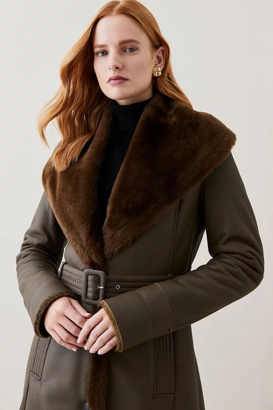 New ❤️ Karen Millen Lydia Millen Shearling And Leather Shawl Collar Belted 🧥 Coat - dark olive 🔥 5 New ❤️ Karen Millen Lydia Millen Shearling And Leather Shawl Collar Belted 🧥 Coat - dark olive 🔥 - Image 3