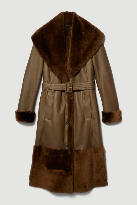 New ❤️ Karen Millen Lydia Millen Shearling And Leather Shawl Collar Belted 🧥 Coat - dark olive 🔥 7 New ❤️ Karen Millen Lydia Millen Shearling And Leather Shawl Collar Belted 🧥 Coat - dark olive 🔥 - Image 5