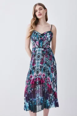 New ⭐ Karen Millen Ombre Tile Pleat Corset Detail Woven Strappy Midi 👗 Dress - purple 🌟