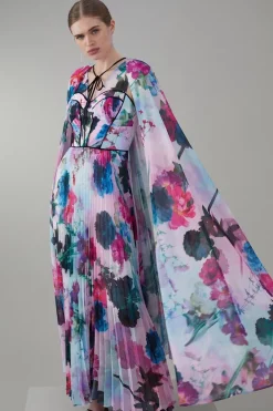Discount 🎁 Karen Millen Floral Pleated Corset Woven Maxi 👗 Dress With Detachable Cape ❤️