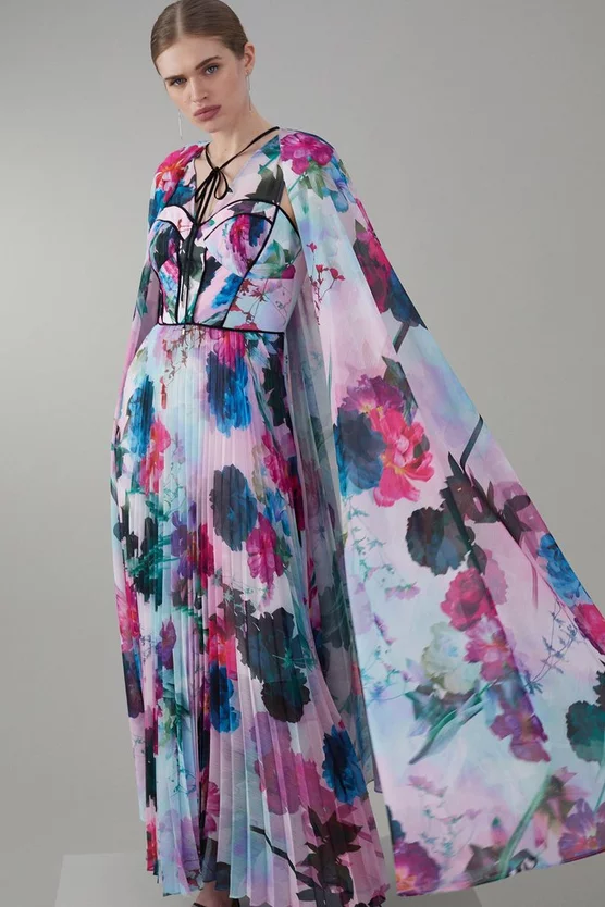 Discount 🎁 Karen Millen Floral Pleated Corset Woven Maxi 👗 Dress With Detachable Cape ❤️ 3 Discount 🎁 Karen Millen Floral Pleated Corset Woven Maxi 👗 Dress With Detachable Cape ❤️