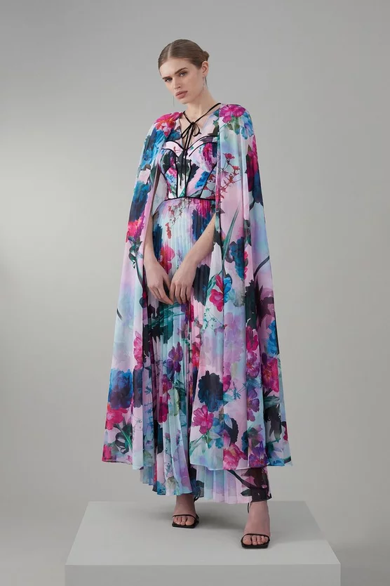 Discount 🎁 Karen Millen Floral Pleated Corset Woven Maxi 👗 Dress With Detachable Cape ❤️ 5 Discount 🎁 Karen Millen Floral Pleated Corset Woven Maxi 👗 Dress With Detachable Cape ❤️ - Image 3