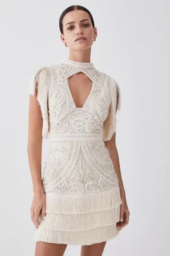 Buy 💯 Karen Millen Petite Cornelli Embellished Fringed Woven 👗 Dress - ivory 💯
