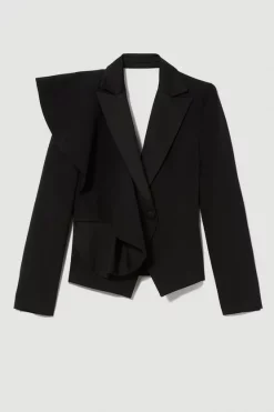 Best Sale 👏 Karen Millen Italian Wool Satin Statement Ruffle Tailored Jacket ✔️ -Karen Millen Outlet store bkk07578 black xl 3