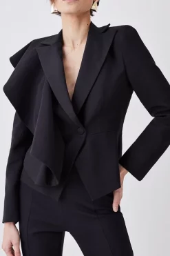 Best Sale 👏 Karen Millen Italian Wool Satin Statement Ruffle Tailored Jacket ✔️ -Karen Millen Outlet store bkk07578 black xl 4